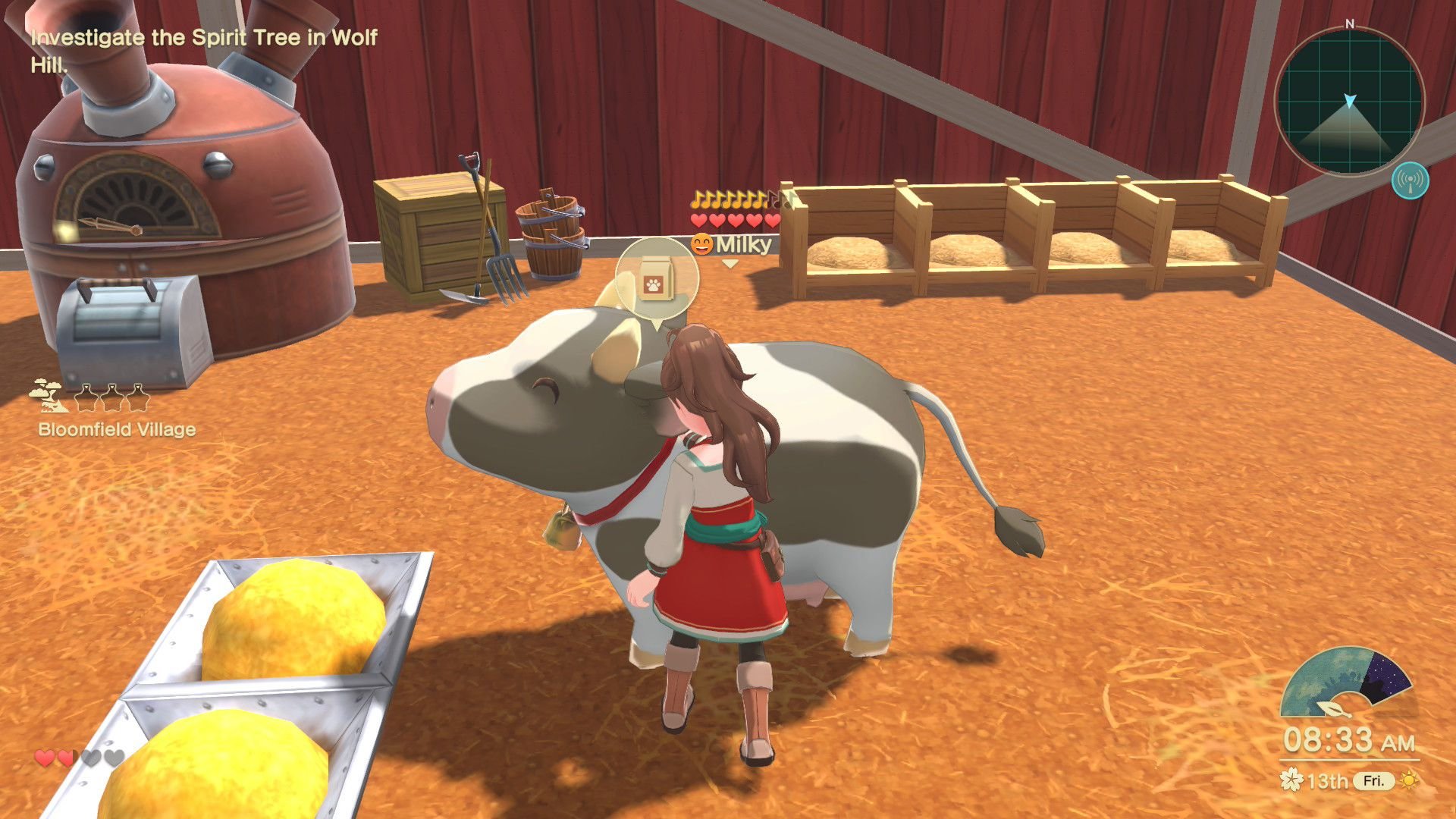The player character is in a barn with a cow, apparently brushing it as the animal looks pleased.