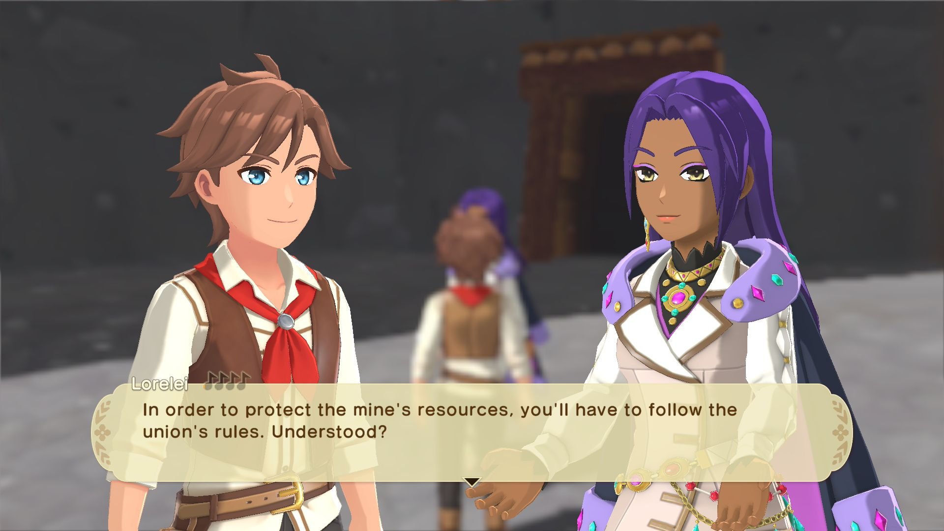A purple-haired woman named Lorelei reminds the player character that he must follow union rules.
