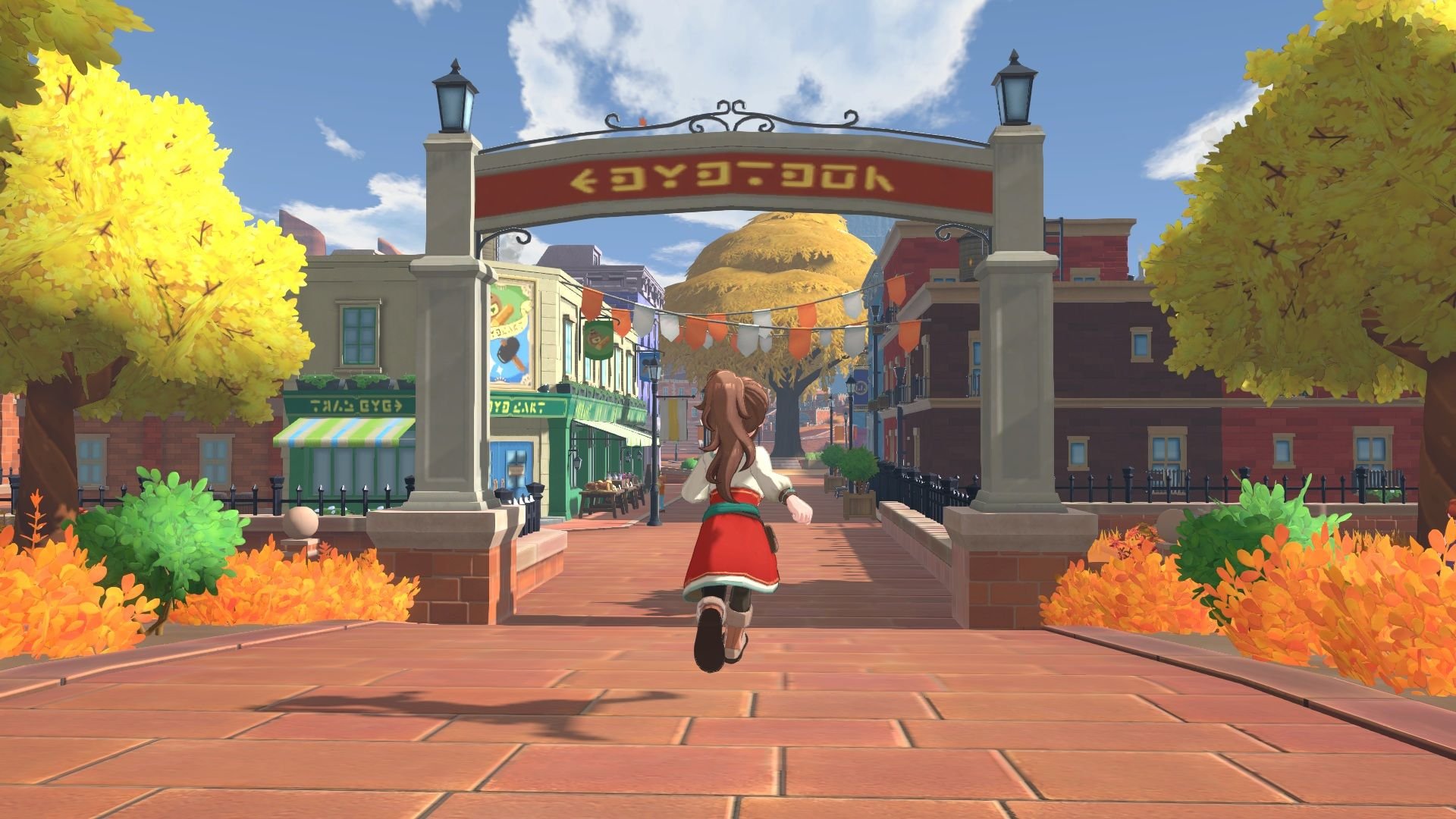 The player character runs alogn a street leading into a town with multi-level buildings to either side.