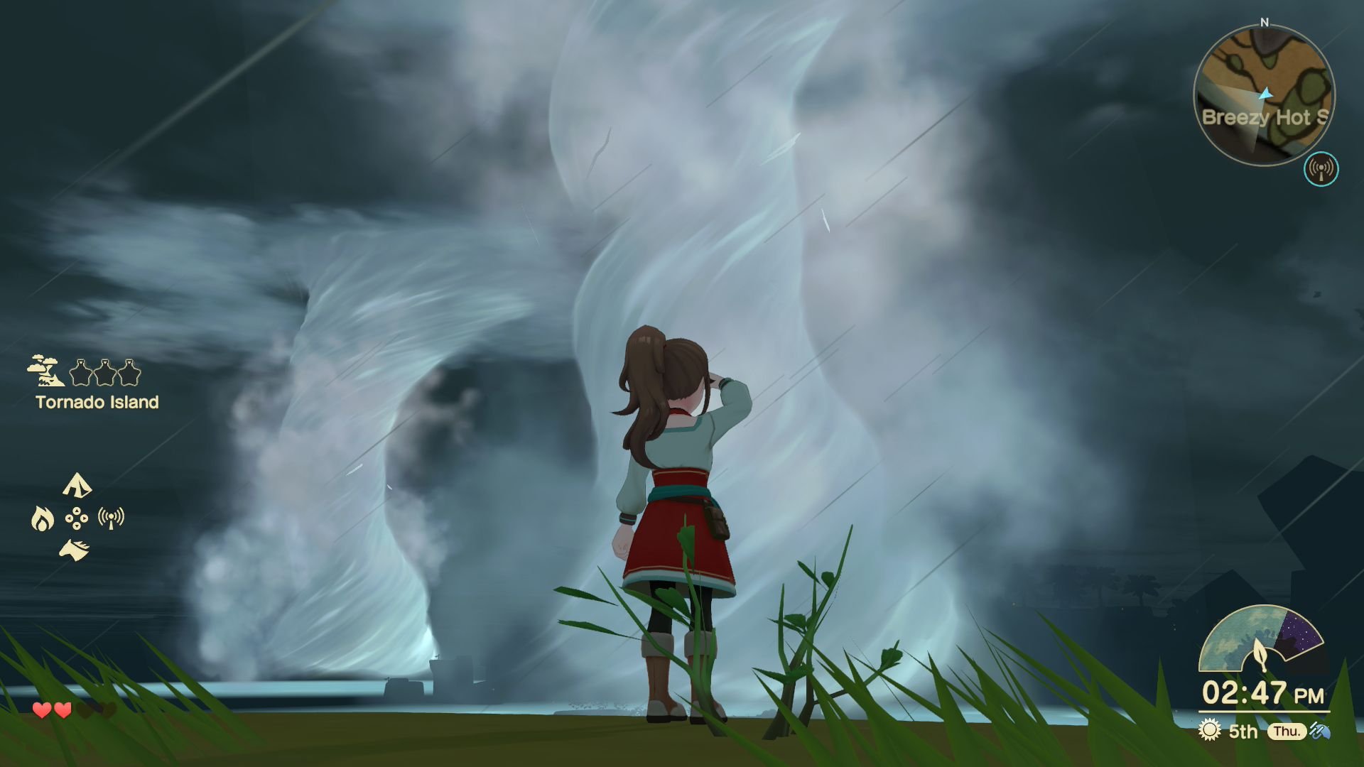 The player character stands with one hand raised to shield her eyes as she looks at whirling tornadoes in the distance.