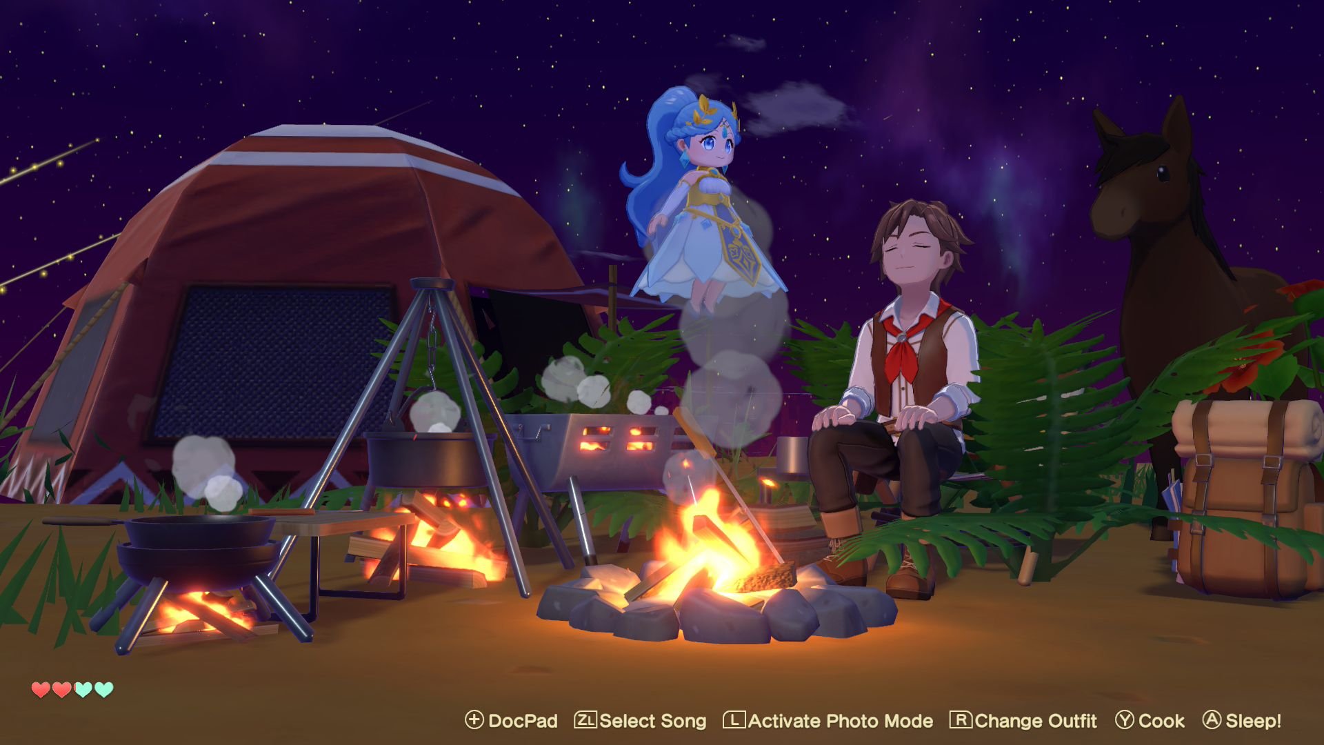 The player character sits at a campfire, where he is visited by a mysterious blue-haired apparition.