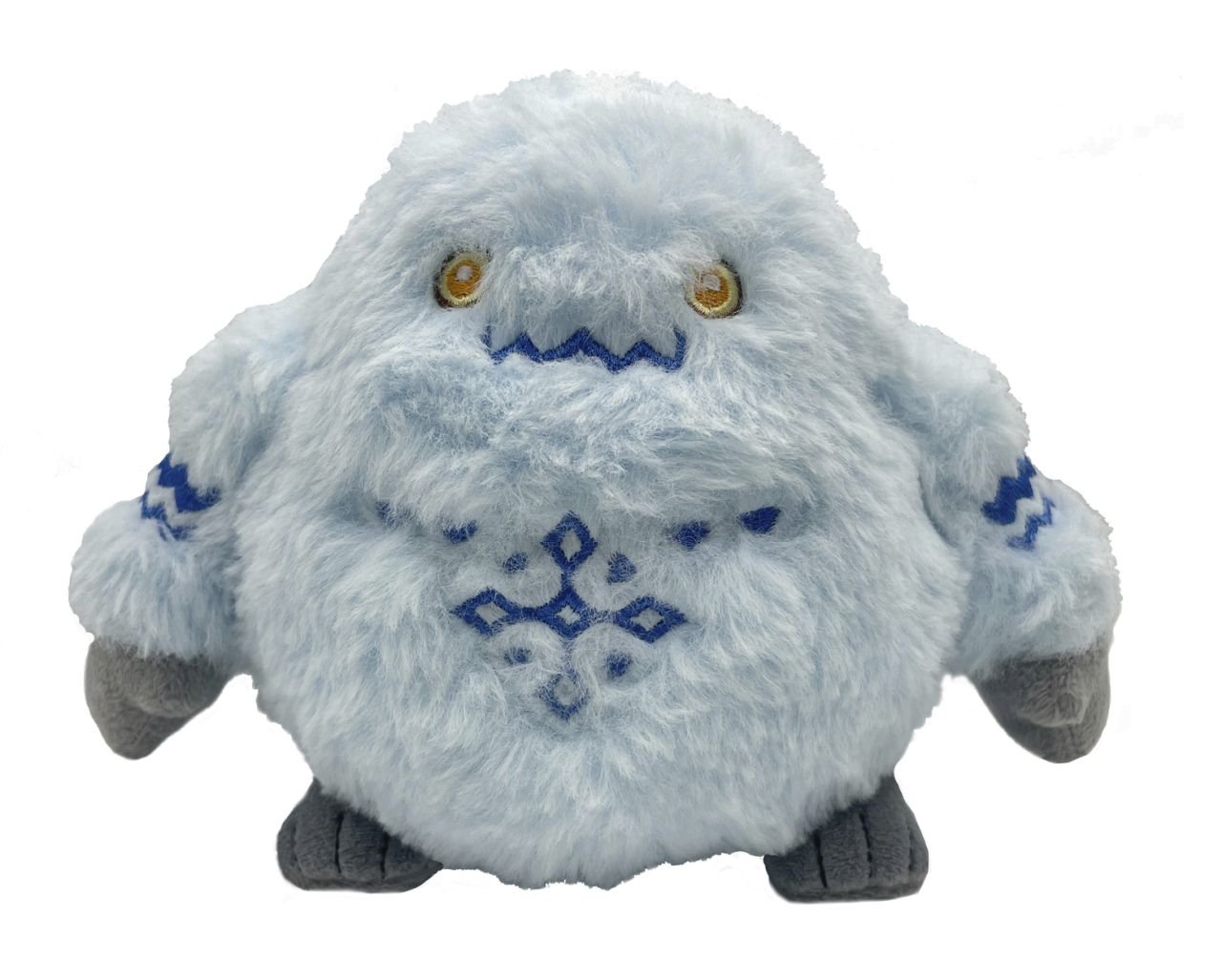 A gray Sasquatch plushie, sporting blue ink tattoos, positioned against a white backdrop.