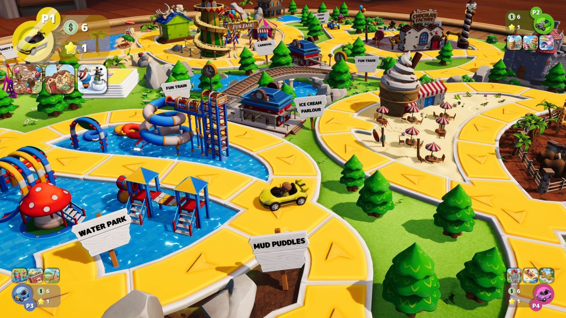 In The Game of Life Junior, a yellow sportscar token sits at an intersection near Mud Puddles and a Water Park.