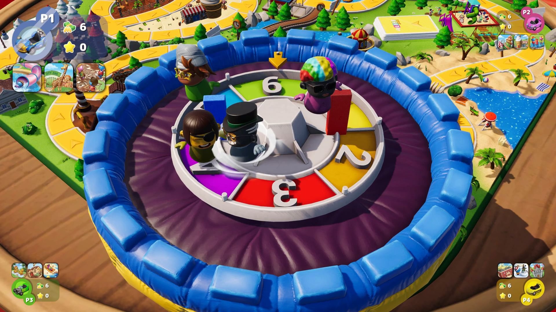 The characters stand around on a spinning wheel at the edge of The Game of Life Junior board.