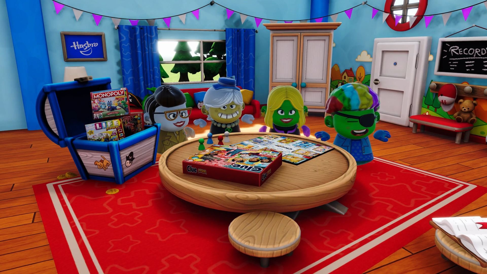 Grinning mascots stand behind a small table with the Clue Junior box set on it, in a red-carpeted parlor area.