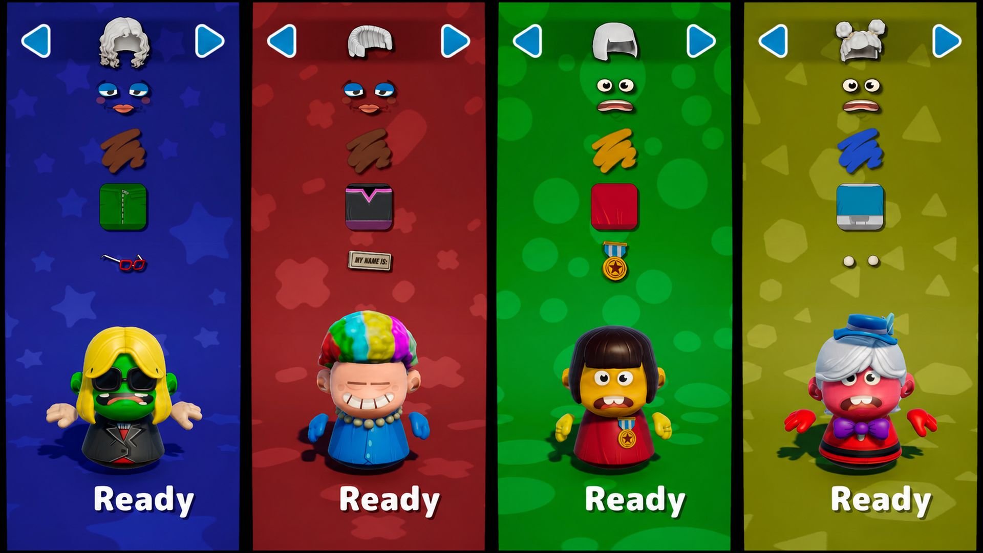 Character profiles are lined up in a row, with cosmetic upgrades applied to each one.