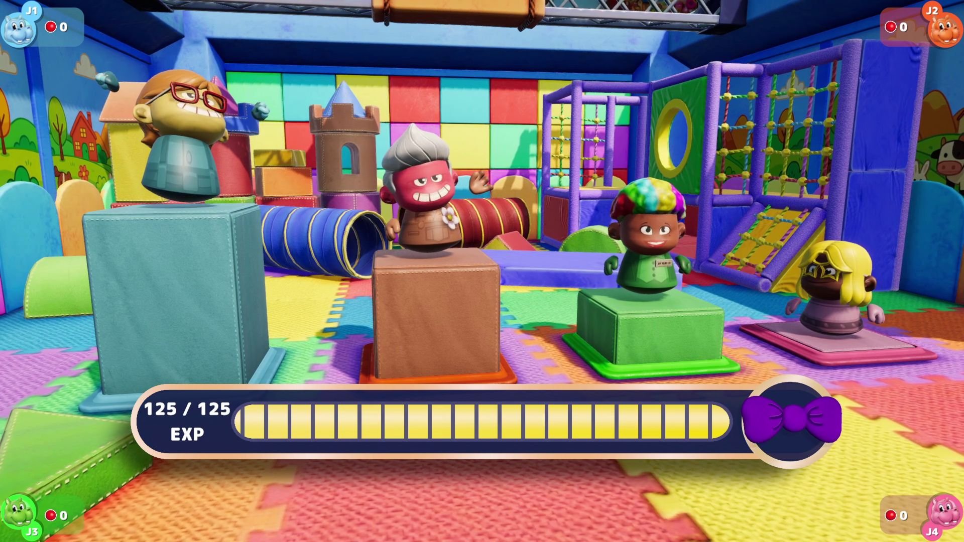 Characters stand on a prize podium, with points apparently unlocking a new reward, post-match.
