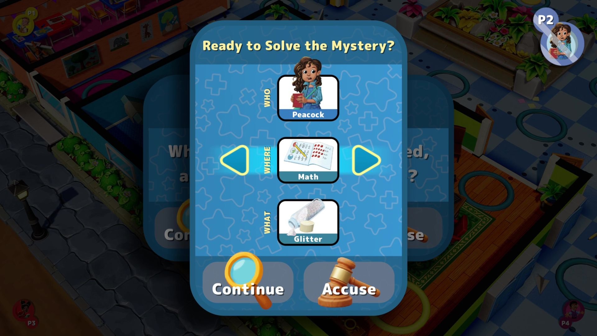 A card shows the player ready to guess at the identity of the mystery individual in Clue Junior.