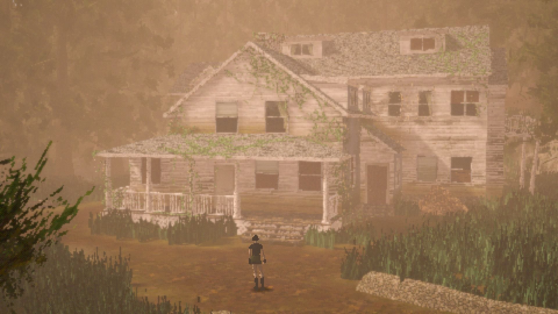 A young woman stands with her back to the camera, facing a mist-shrouded mansion.