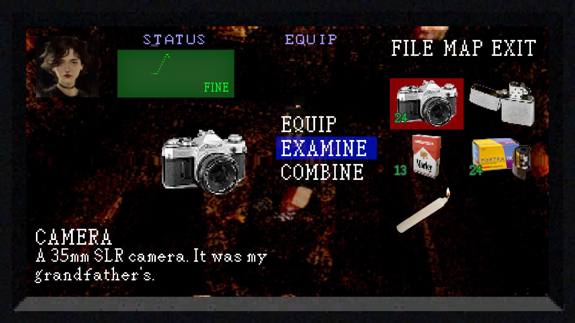 An inventory screen shows Sam making remarks as she examines her grandfather's old camera.