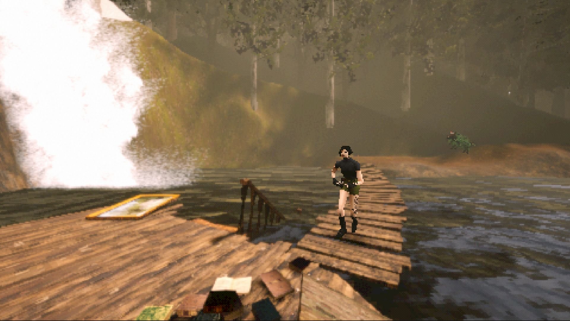 A woman hops along small rock ledges positioned near the edge of an old pond.