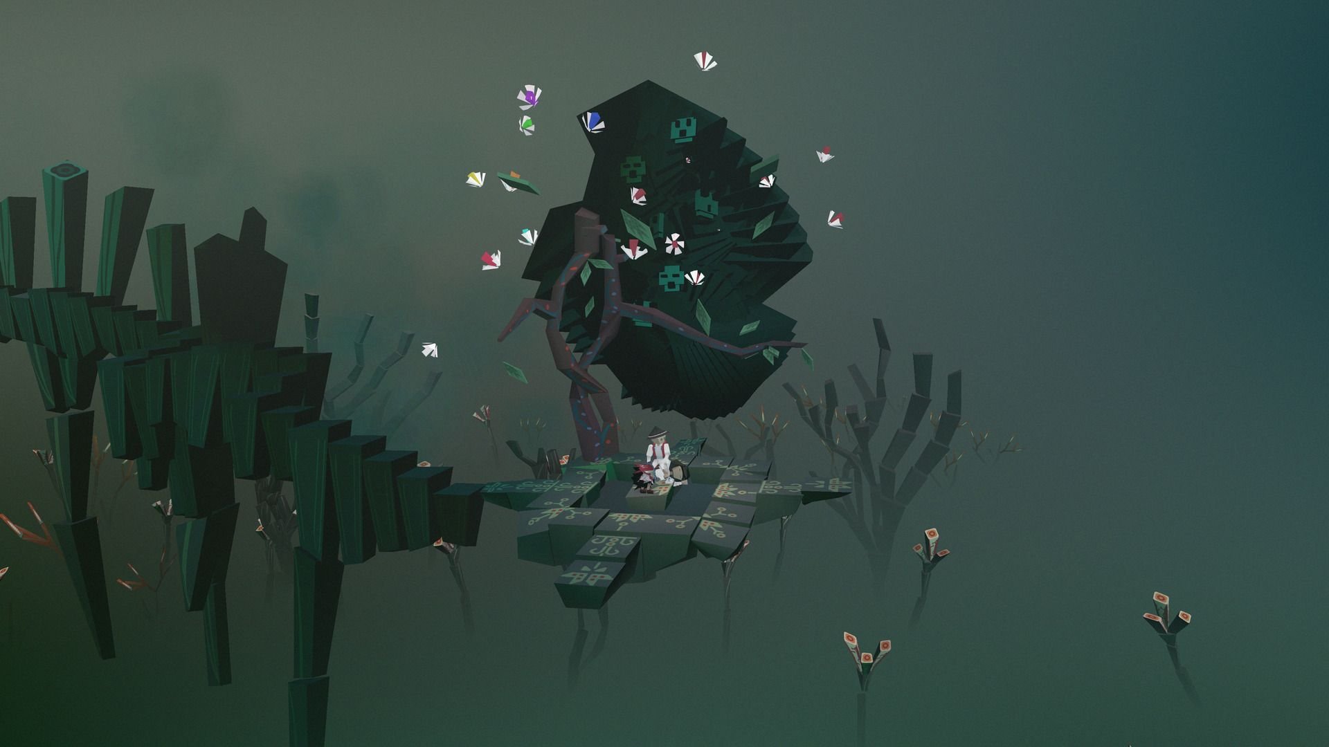 A character stands on a small island in space, with a ledge growing to her left like hedges.