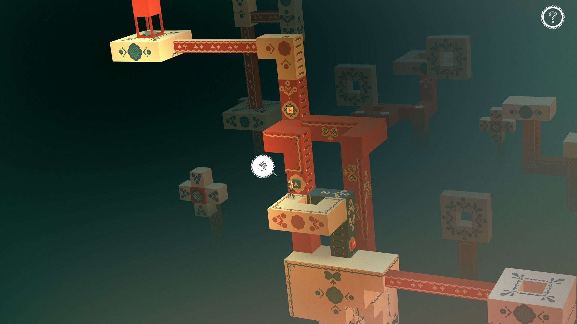 A character stands on a narrow platform in space, near a column with a switch and ladder rungs reading to an overhead platform.