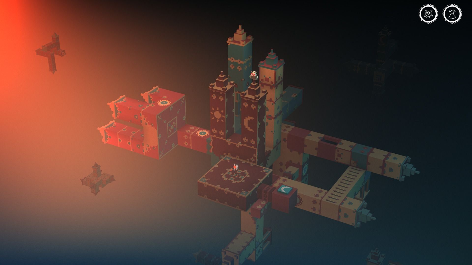 A series of platforms are drifting through space, with a series of connected horizontal ledges and several towers resembling miniature skyscrapers.