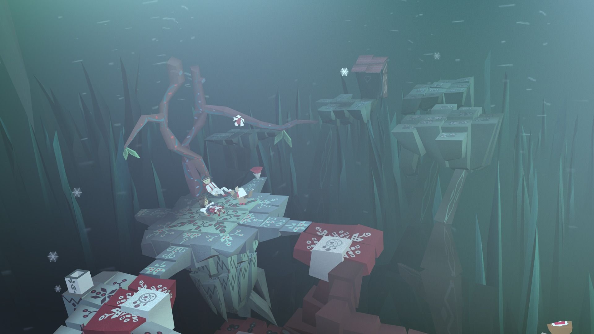 Two characters rest beneath the bare branches of a skeletal tree on one of several islands in space.