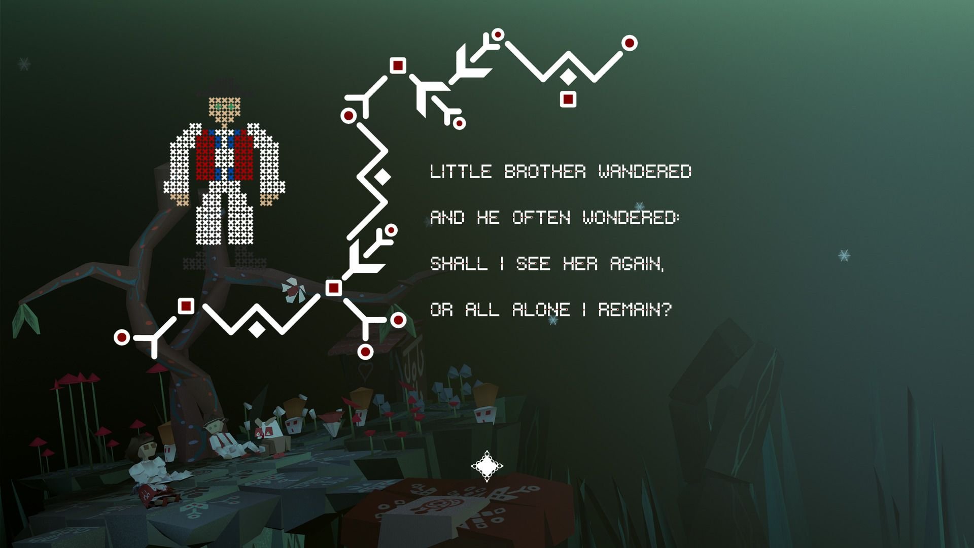 A character made of square tile art stands to the left of a cryptic phrase.