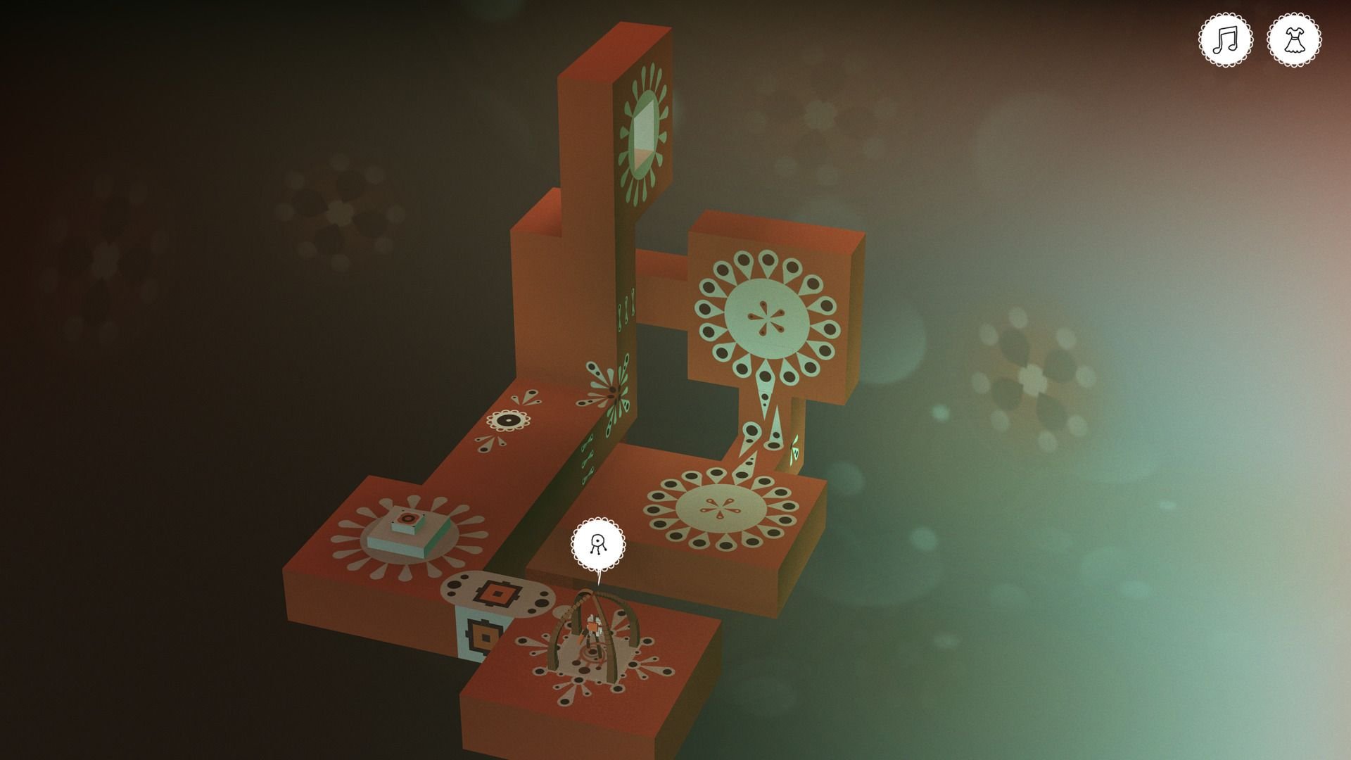 A character stands beneath interconnected wooden arches, along one end of a series of red platforms in space.