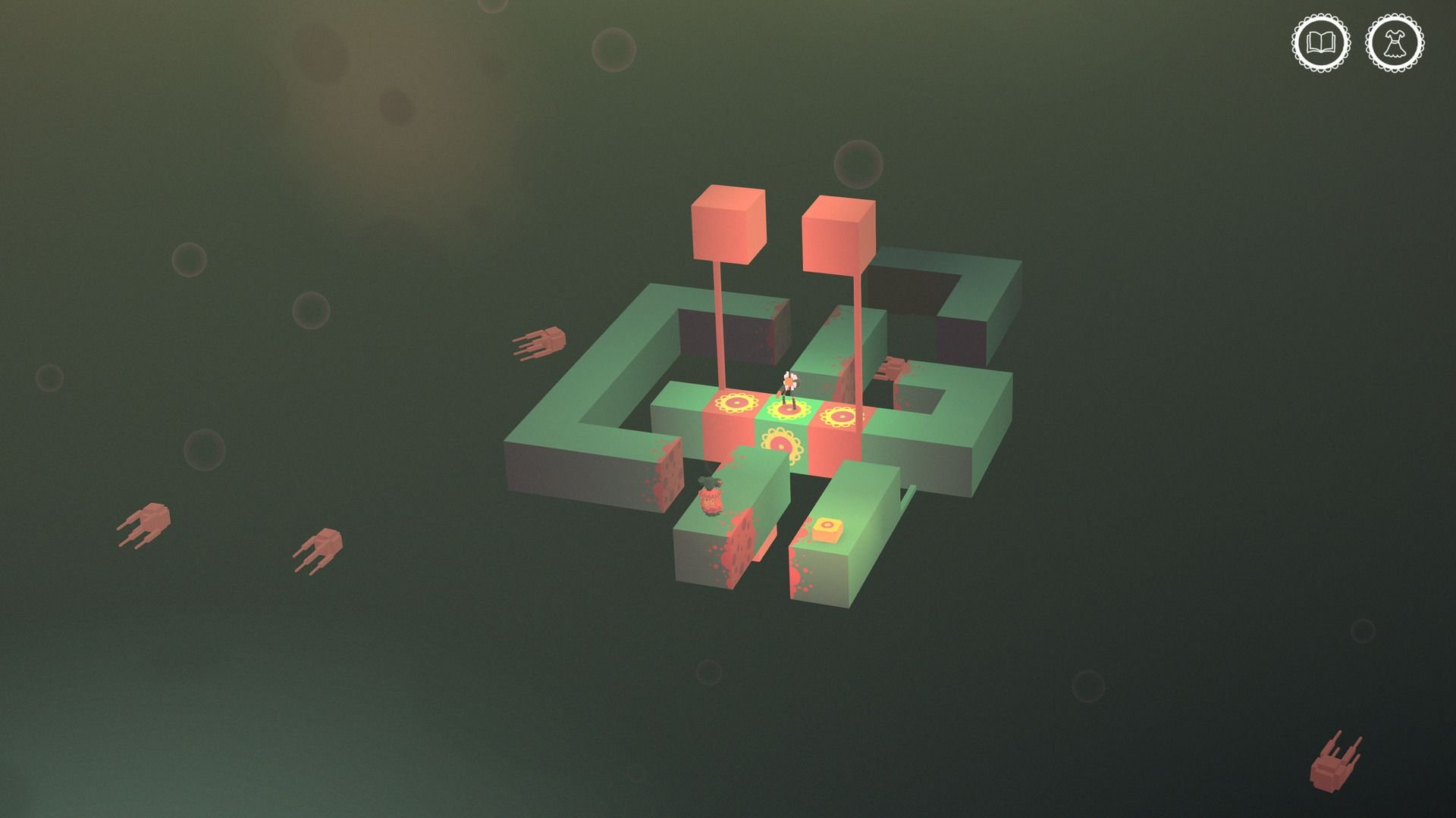 A small green platform drifts in space, with characters standing along its middle and lower center reaches.