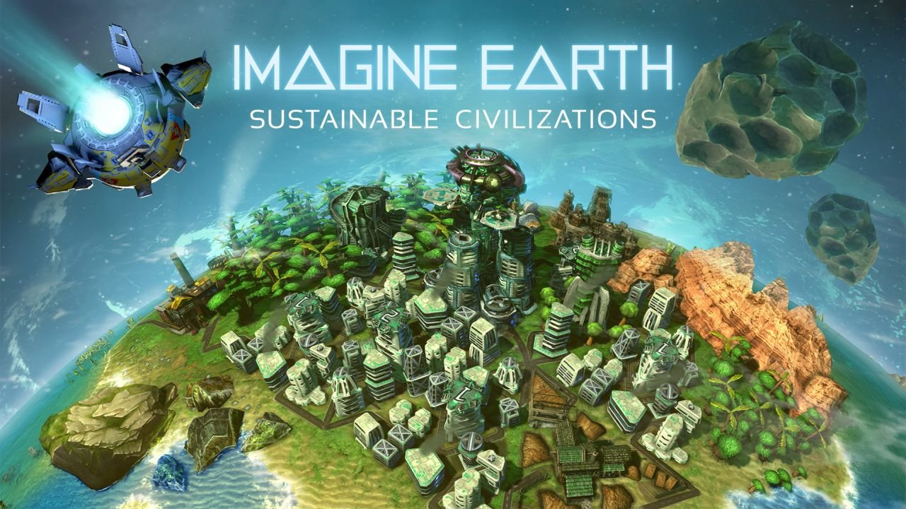Key Art showing the Imagine Earth logo, with a rocket racing toward an island city