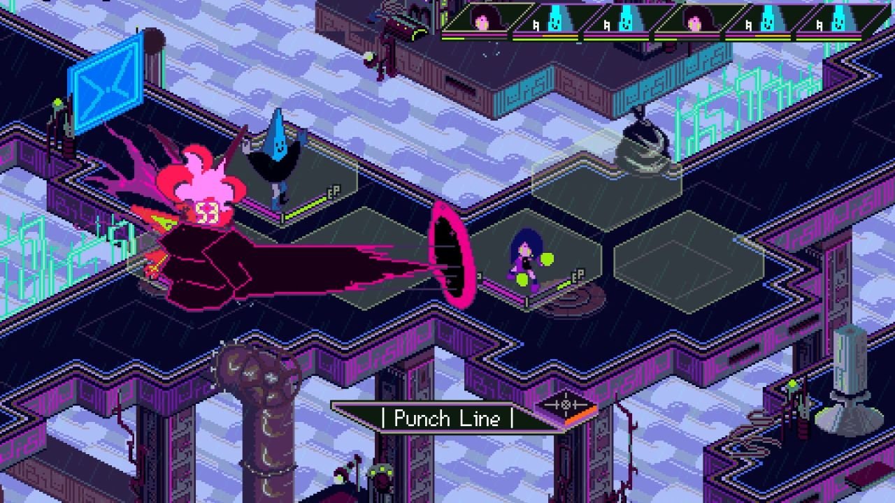 Standing in a futuristic environment, a character unleashes a musical fist toward an enemy to her direct left.