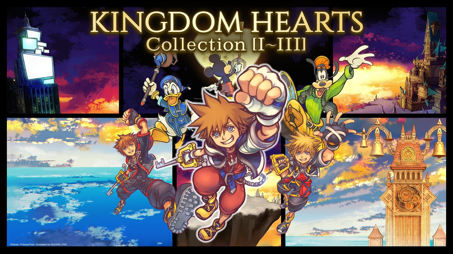 Splash art for Kingdom Hearts Collection 1-3, featuring Disney and Kingdom Hearts characters in a mural/collage.