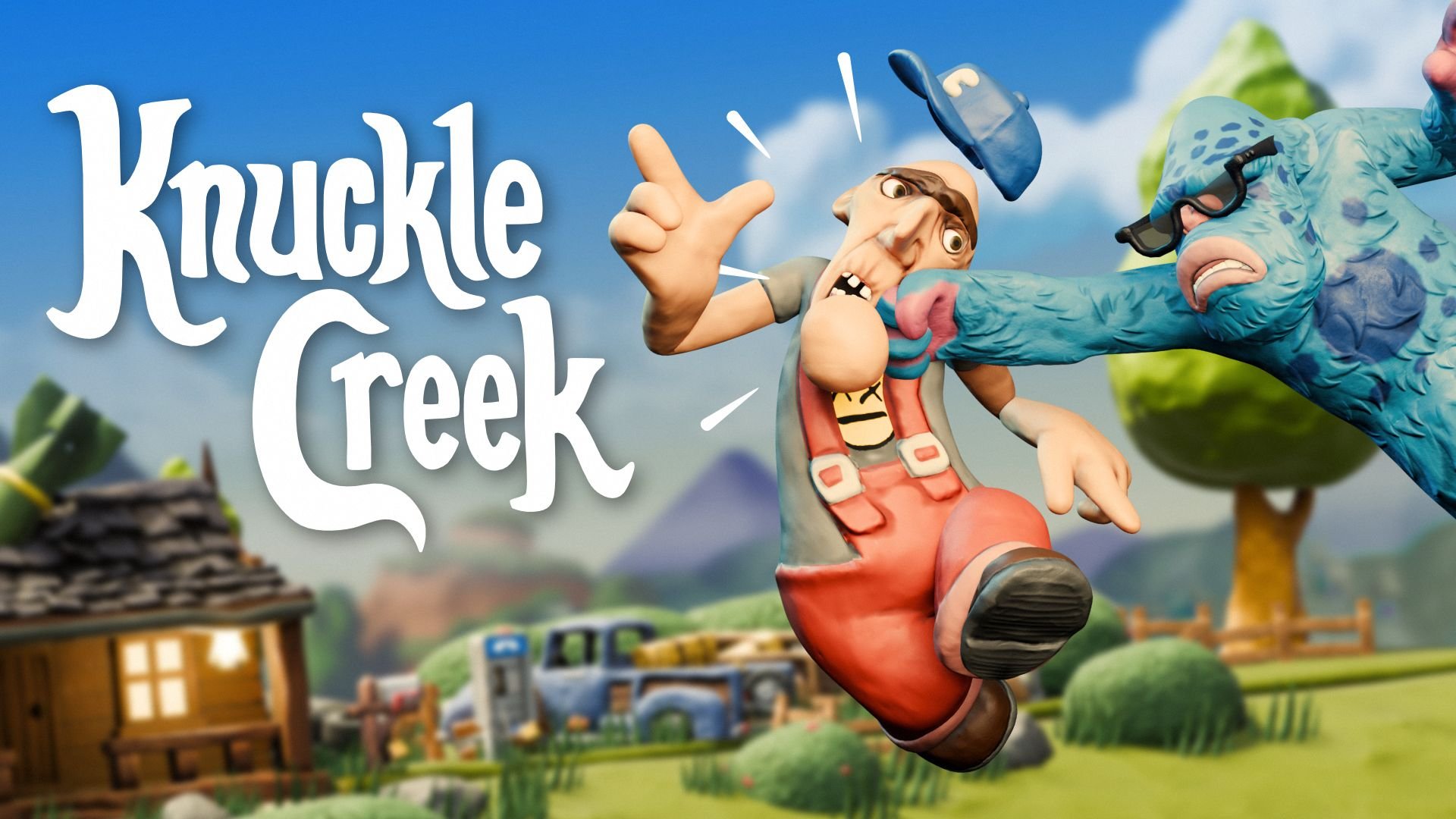 Key art shows a man made of clay to the right of the Knuckle Creek logo, getting punched in the face by a blue Sasquatch character.