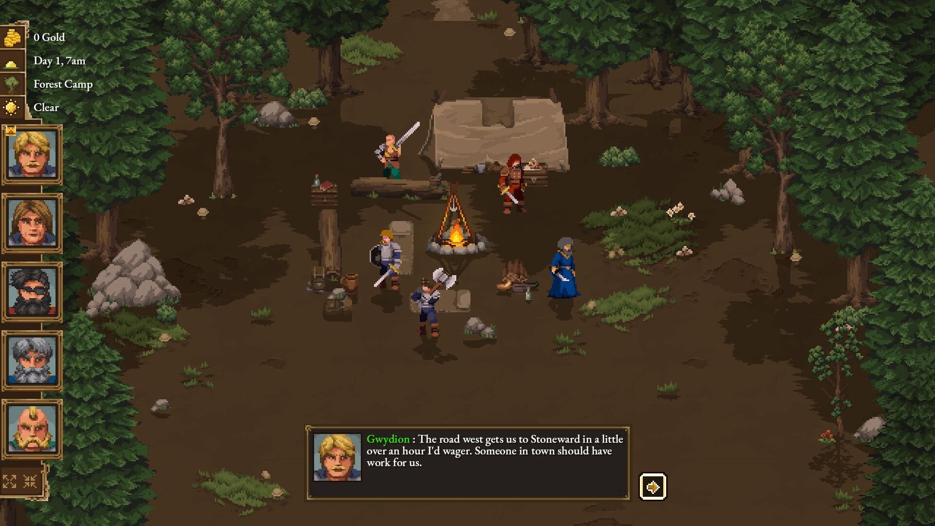 The heroes are having a conversation around the fire at the center of their camp in a forest.