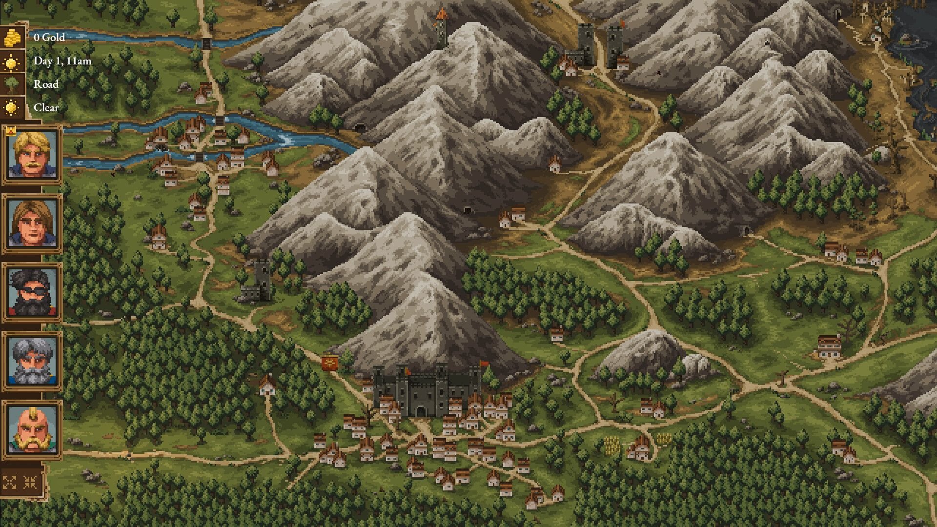 A world map shows two towns and some smaller settlements set along the base of a mountain range.