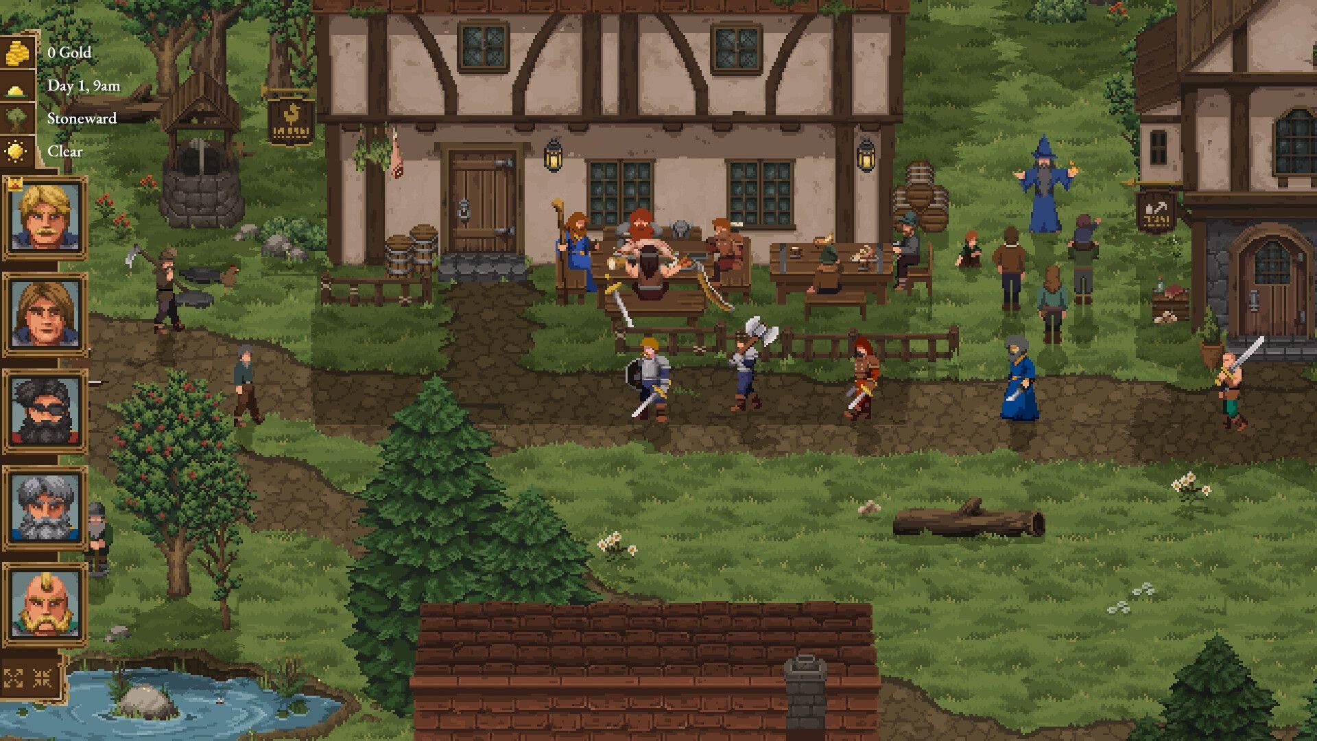 The heroes trapse through town, following a path in front of a building that appears to be an inn.