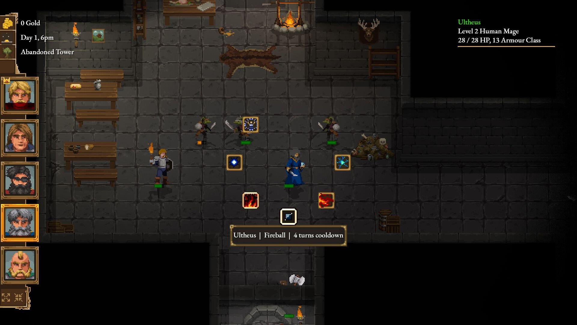 The party explores an interior environment with tile floors, tables, benches, and an animal hide rug.