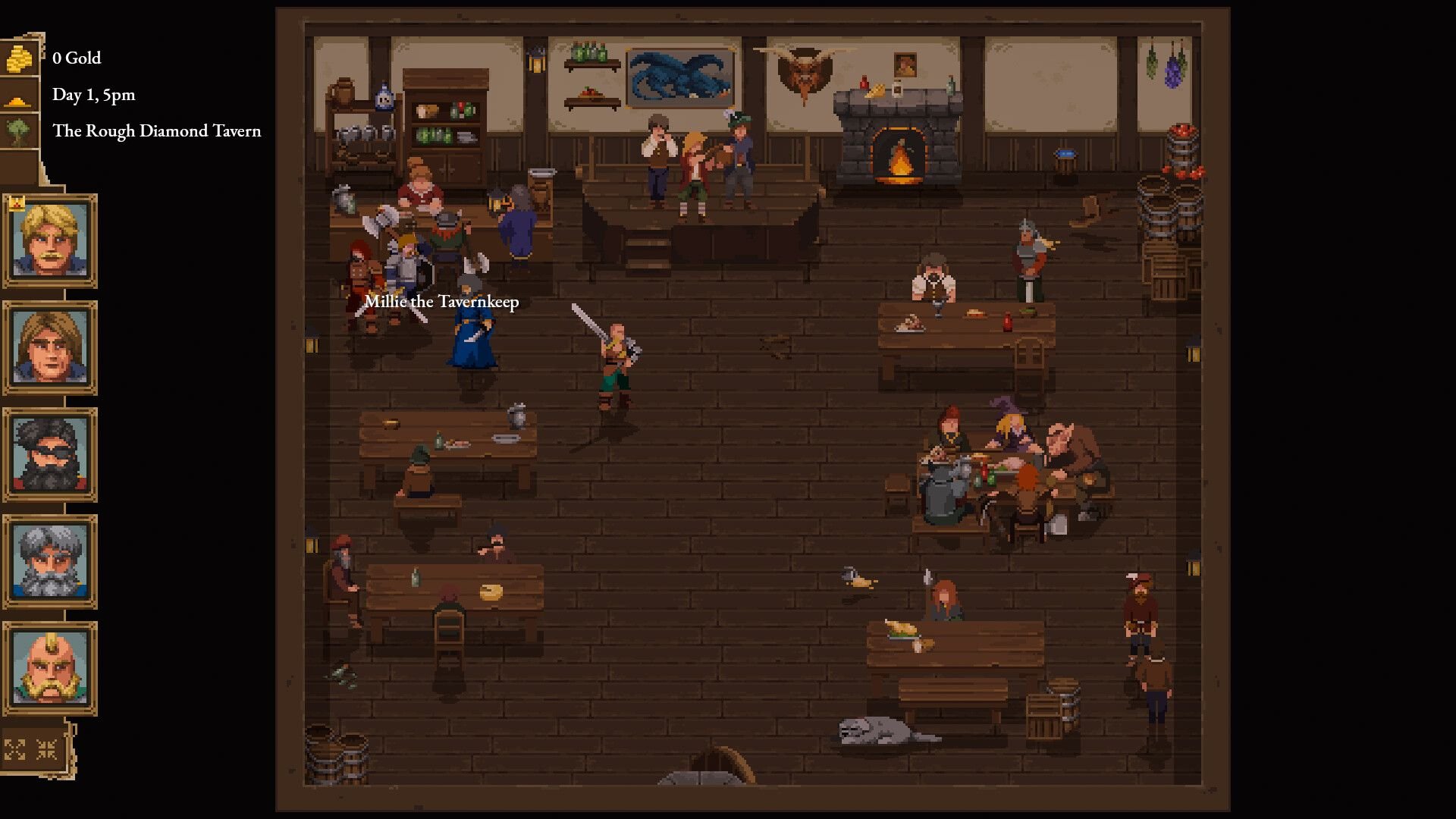 Characters gather around two of six tables in a tavern of some sort, with a fire blazing in the hearth along the back wall.