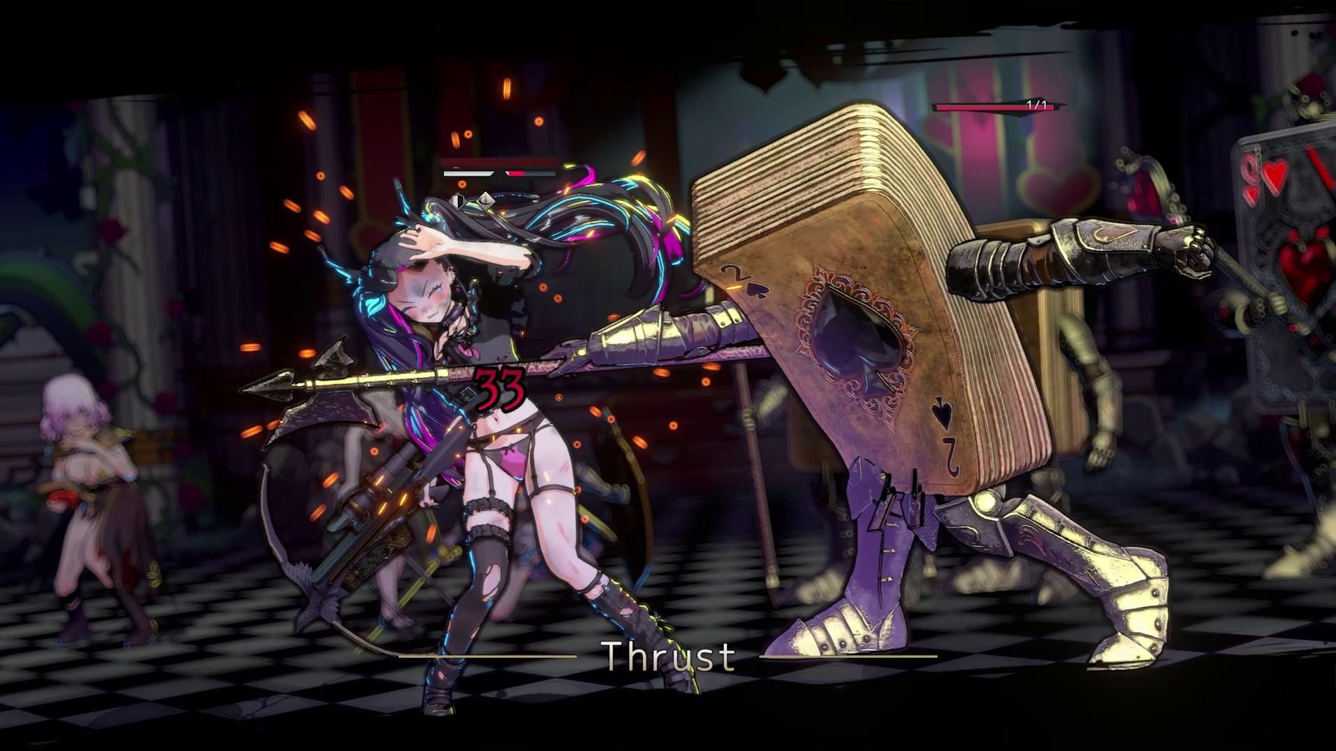 A hero flinches as an enemy that looks like a walking deck of cards thrusts at her with a lance.