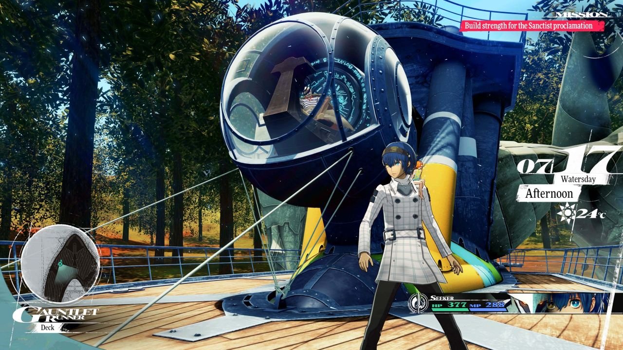 A closeup of the Seeker standing on the wooden upper deck of the Gauntlet Runner.