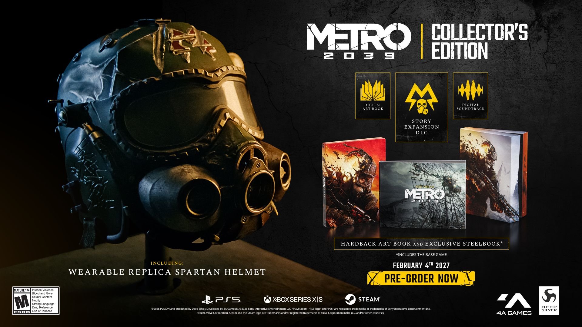 An image showing the Collector's Edition of Metro 2039, including the Spartan helmet collectible, art book, and soundtrack CD.