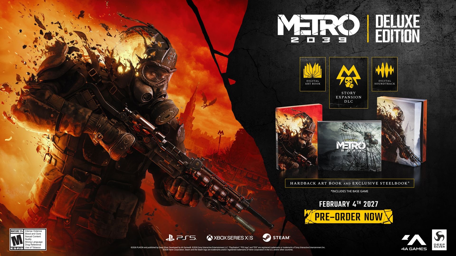 Image showing the Deluxe Edition of Metro 2039, featuring the hardback artbook and exclusive SteelBook.