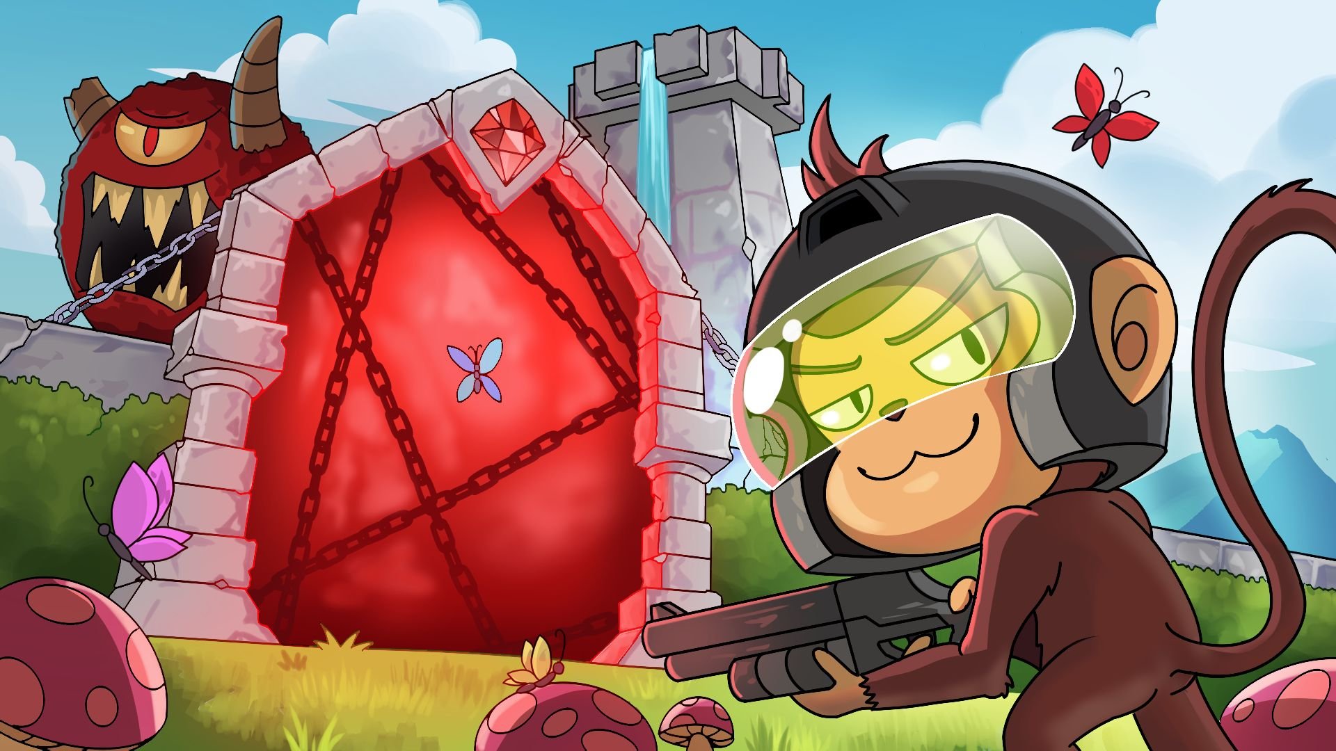 Key art shows a monkey holding a gun looks back toward the viewer, smirking, ahead of an ominous red portal.