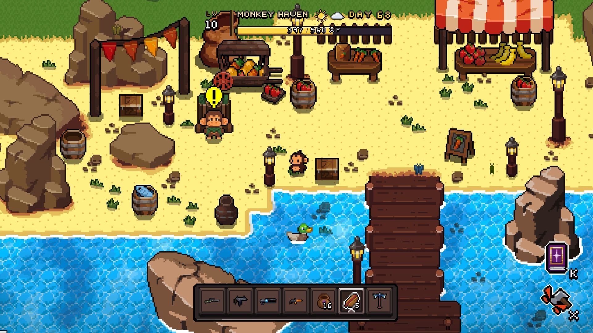 The monkey wanders along a crowded beach environment near the docks.
