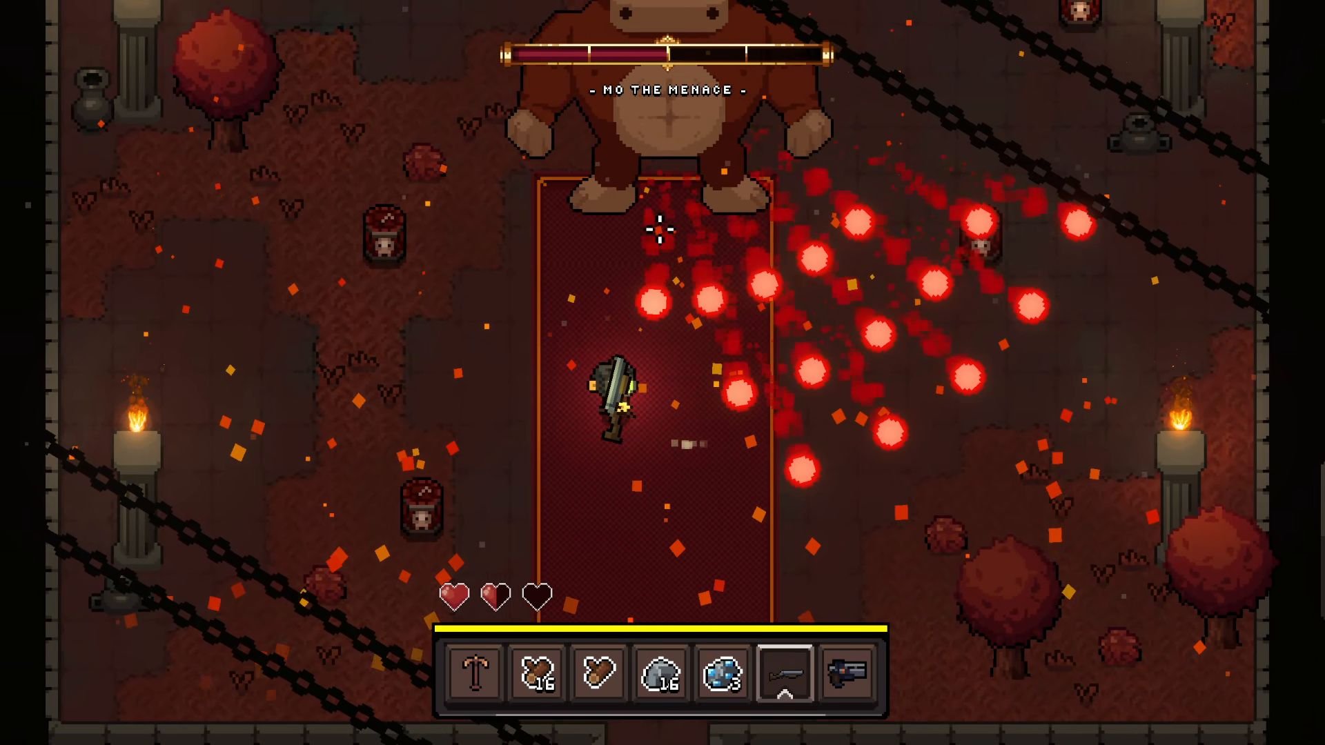 The monkey steps to the side of a spreadshot of fireballs fired by Mo the Menace in a hellish landscape.