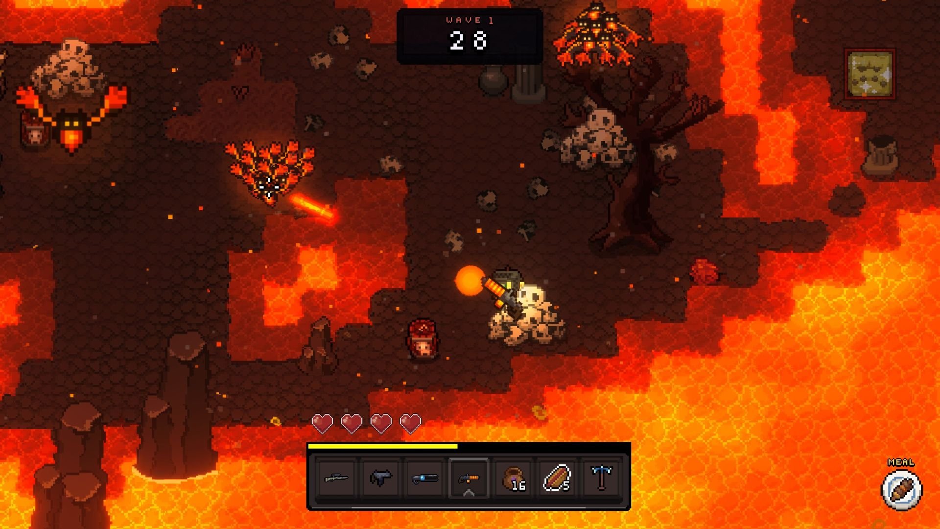 Piles of skulls lie along the edge of a lava lake.