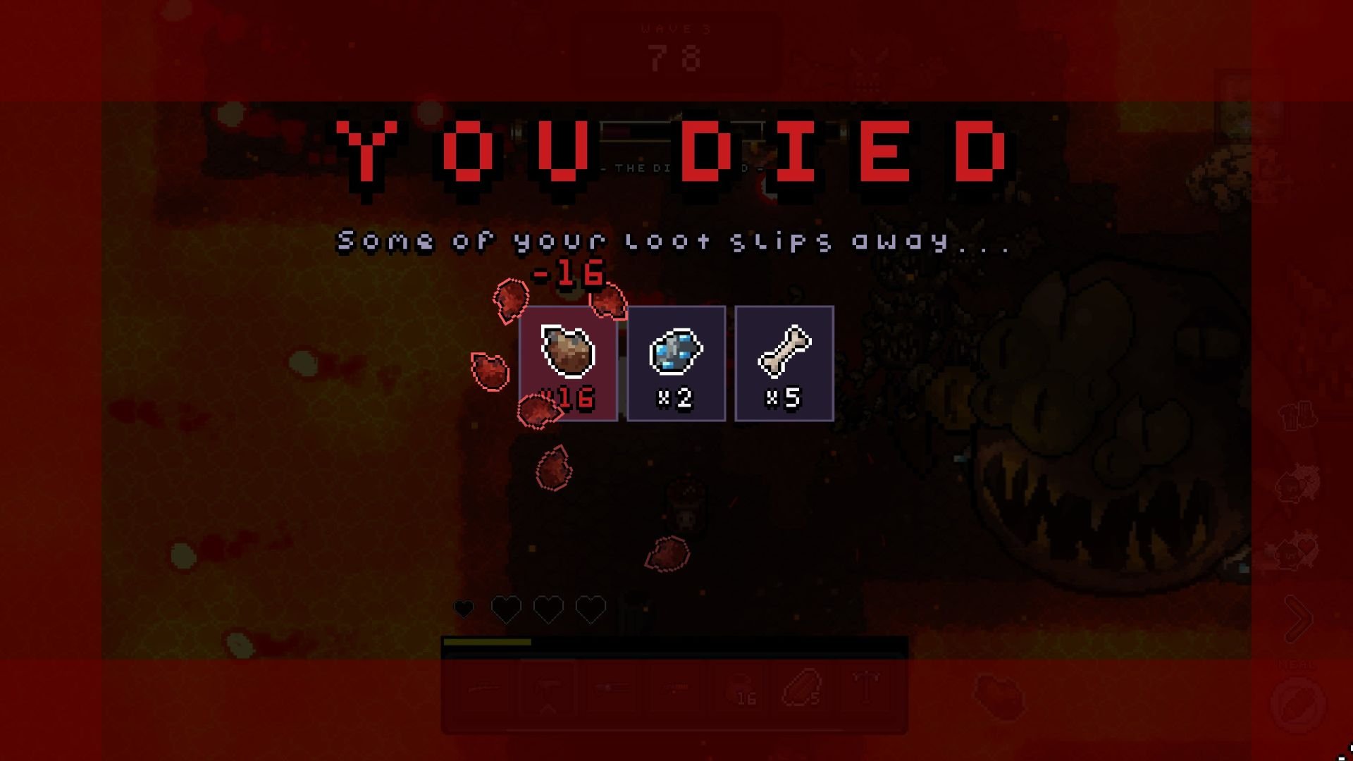 The monkey has died, and the screen warns that some of its loot slipped away.
