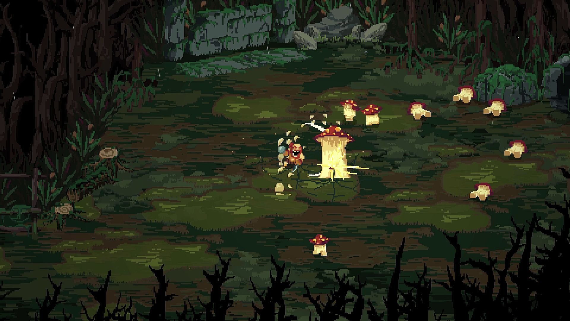 In a clearing within a dense forest, the chef deals a devastating slice to a sentient mushroom as its minions lie wounded in the grass.