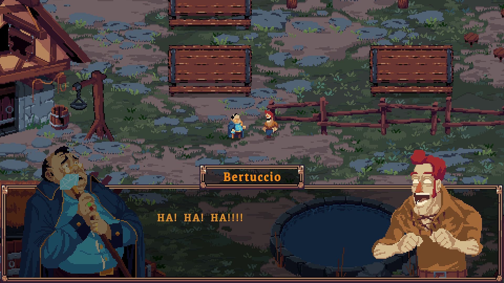 Two villagers meet outside the tavern, and Bertuccio laughs heartily, to the other man's apparent dismay.