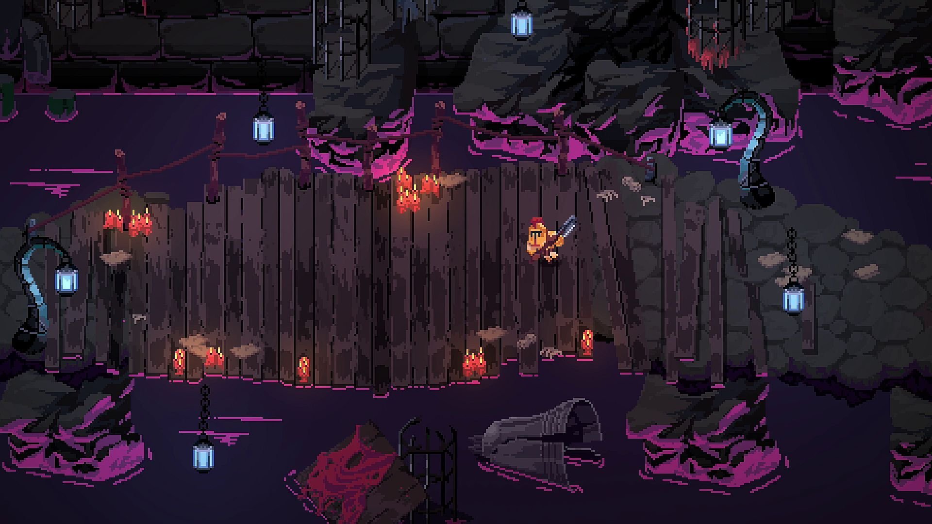 Adorned in heavy armor, the chef crosses a wooden bridge as seen from overhead.
