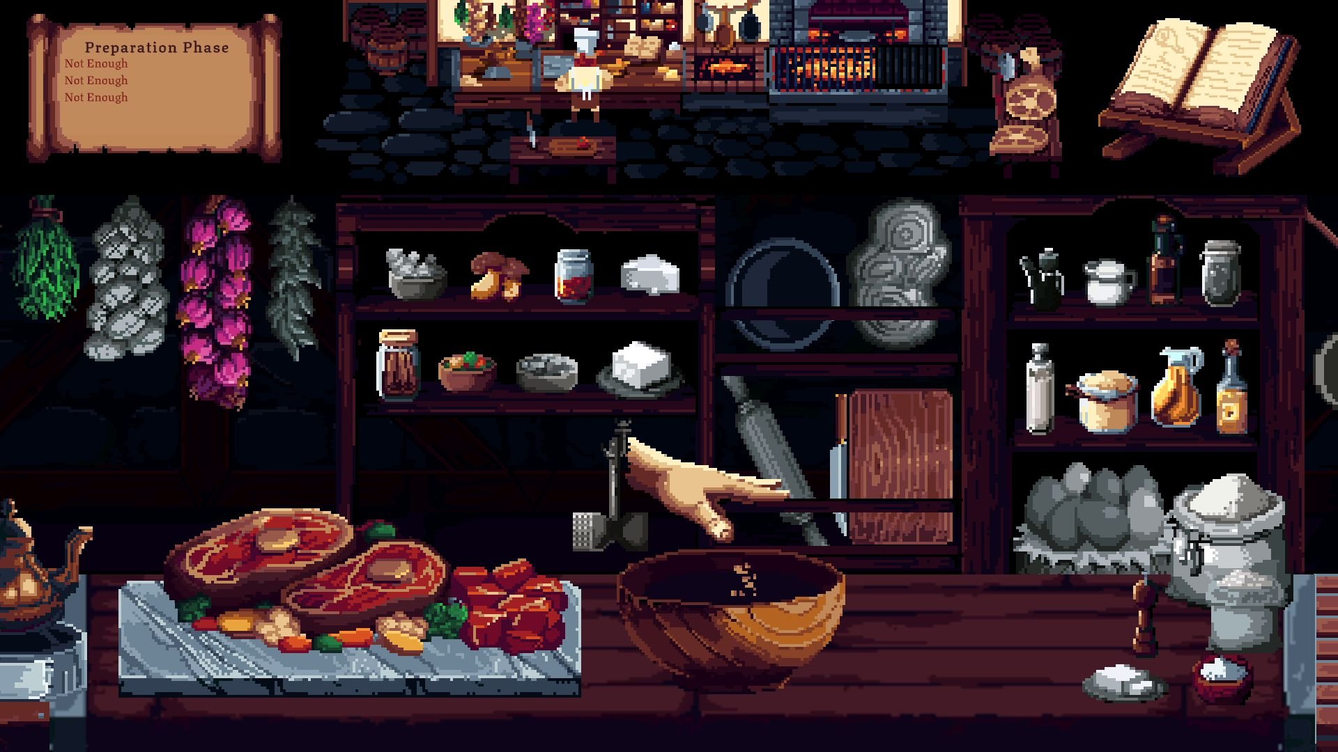 A view of the kitchen inventory, with items resting in cubbyholes.
