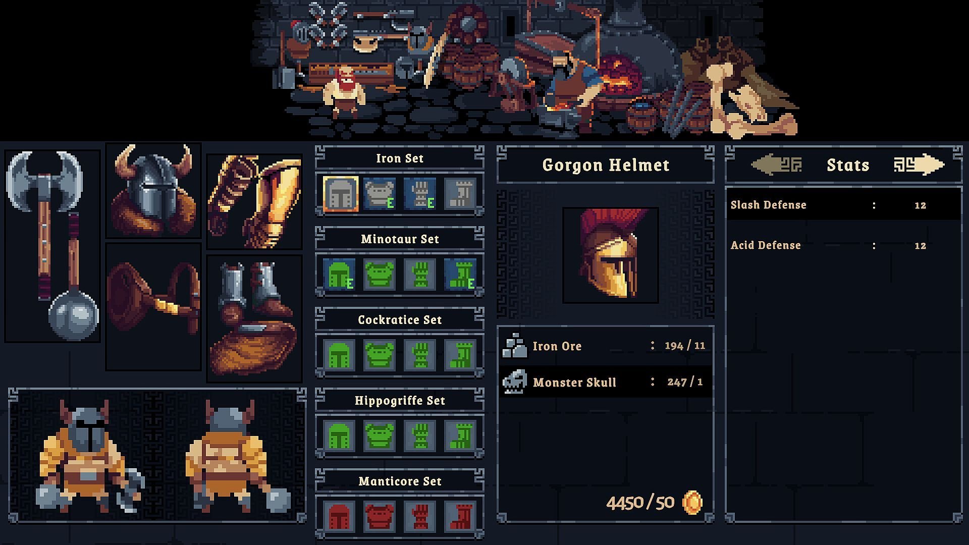 A menu showing the Gorgon Helmet, part of the Iron Set of defensive gear.