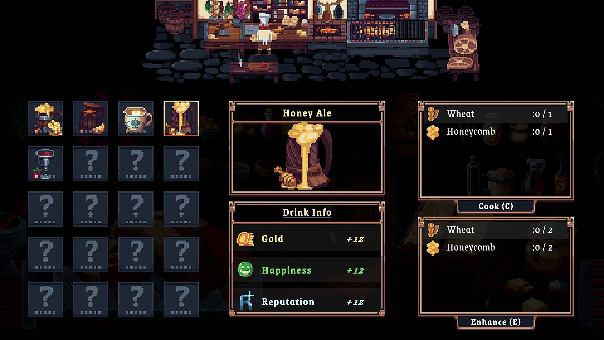 A menu of drinks available to serve, with Honey Ale highlighted and featured.