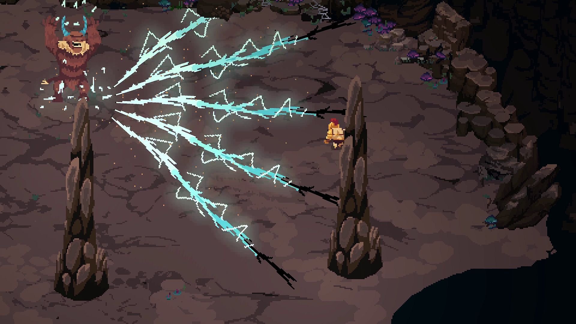 The cook does battle in a cave with a bear-like enemy, which has just sent out a spread-shot shockwave.