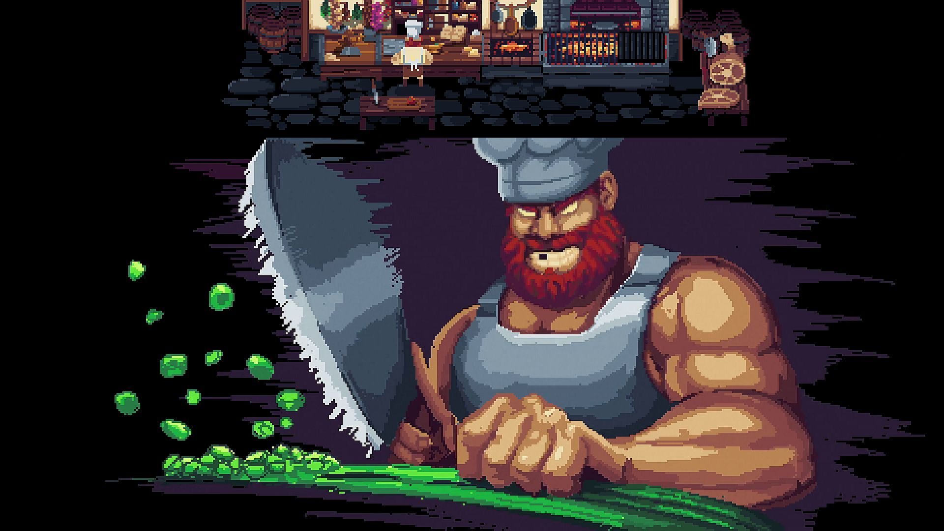 The cook grins as he chops up celery-like ingredients with a nasty cleaver.
