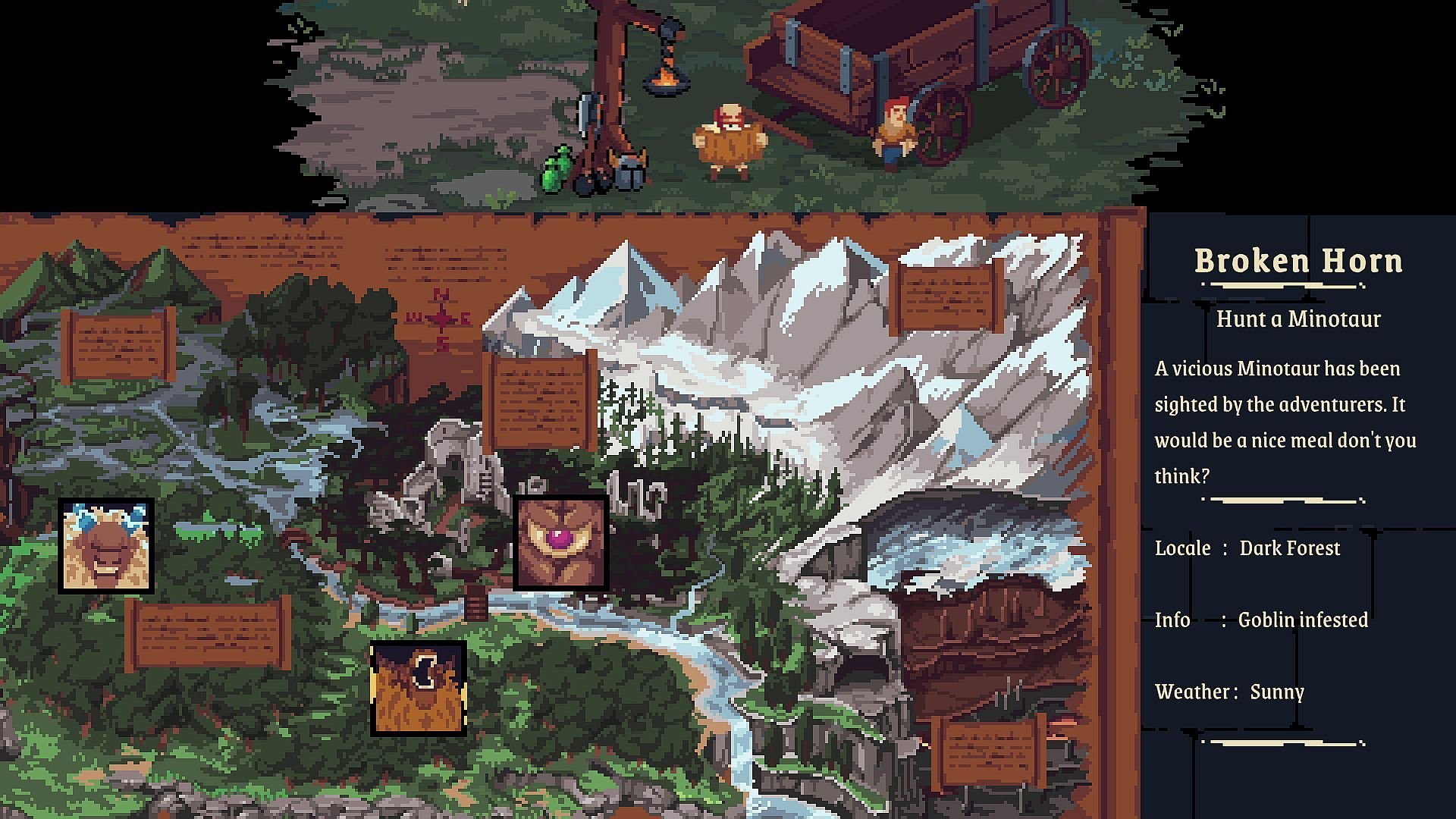A map of the available world, with a Broken Horn quest highlighted that involves hunting down a Minotaur.