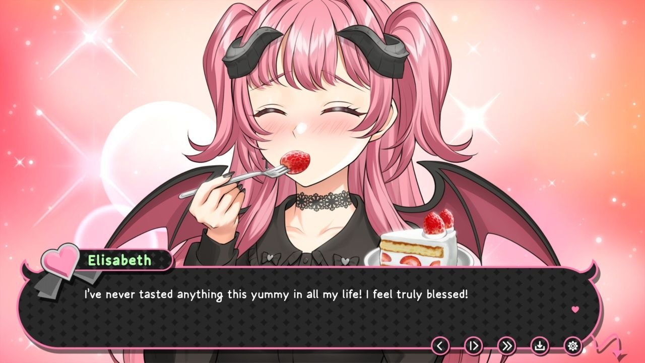 Elisabeth eats a bite of cake and describes how wonderful it is.